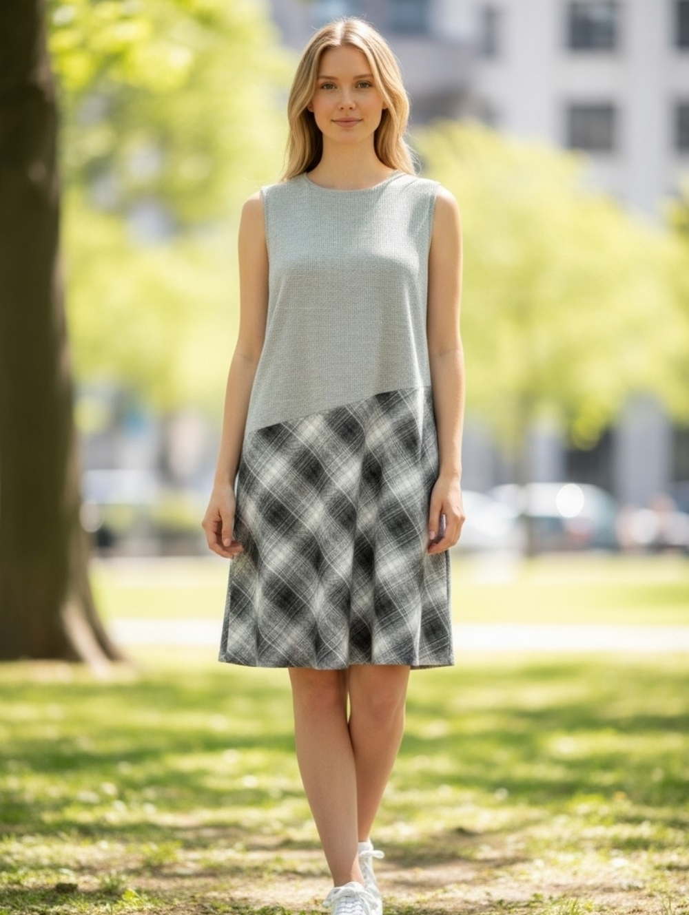 Halogen Plaid Asymmetrical Waist Dress M